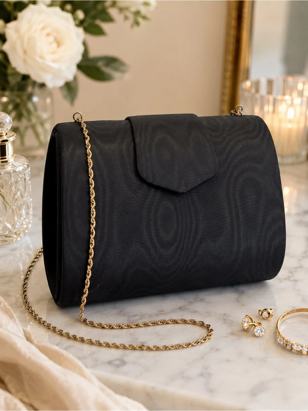 Vintage Black Satin Evening Clutch Purse Gold Chain Convertible Handbag